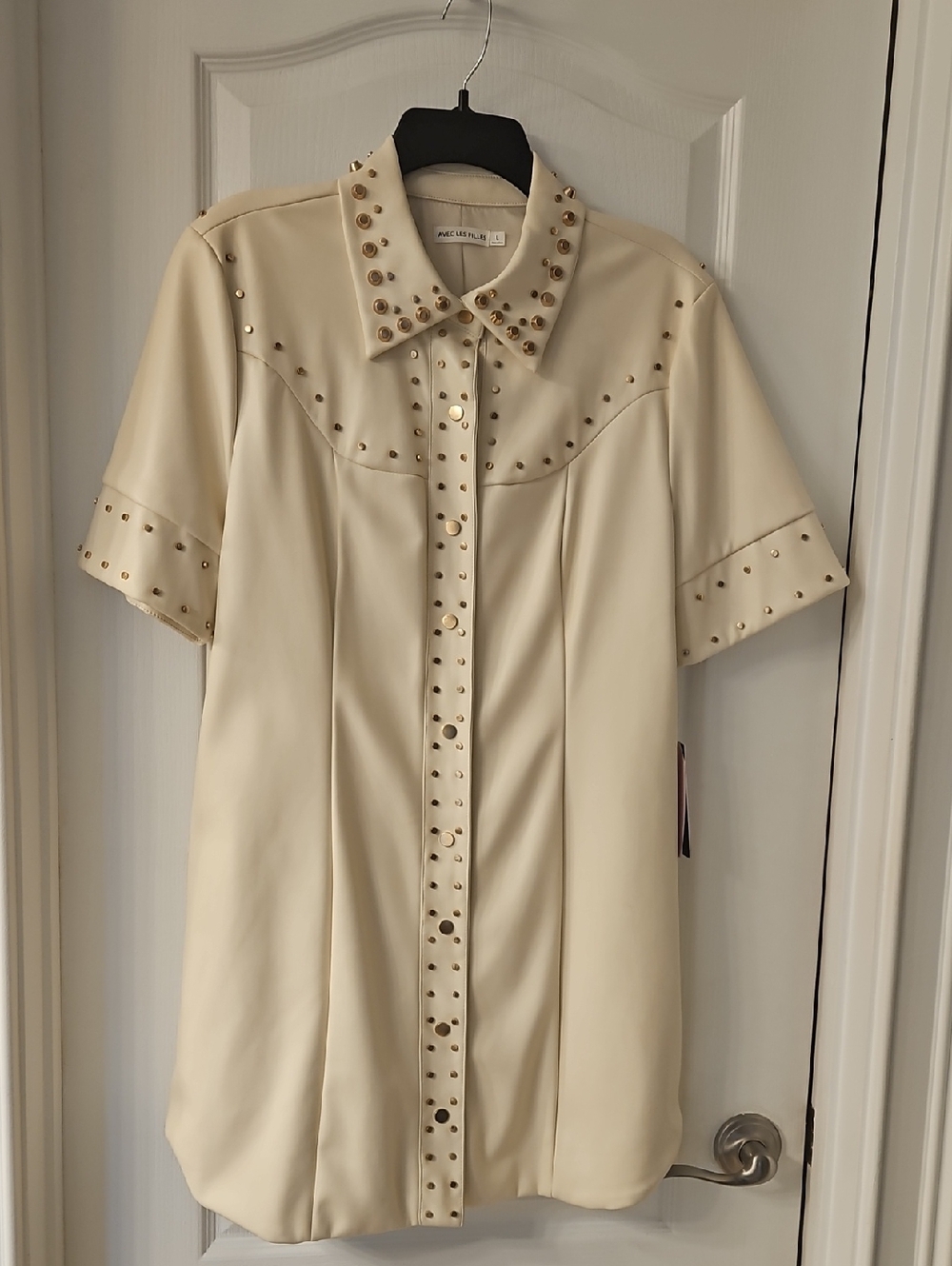 Avec Les Filles Cream Short Sleeve Studded Shirt Dress